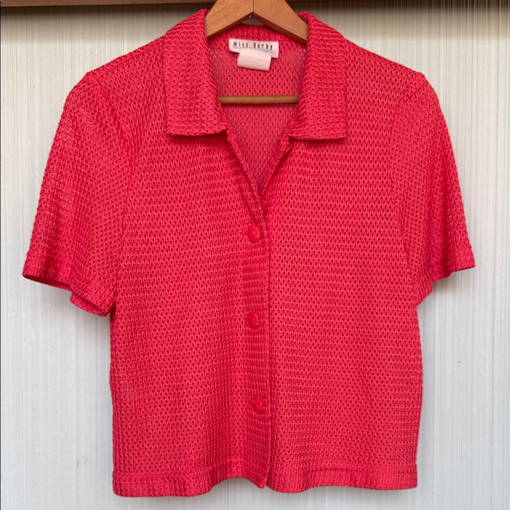 Vintage 80s Preppy Vibrant Coral Open Knit Button-Down Cropped Festival Shirt